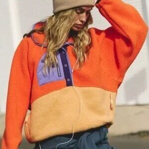 Free People Hit The Slopes Fleece Colorblock Jacket Scarlet Combo